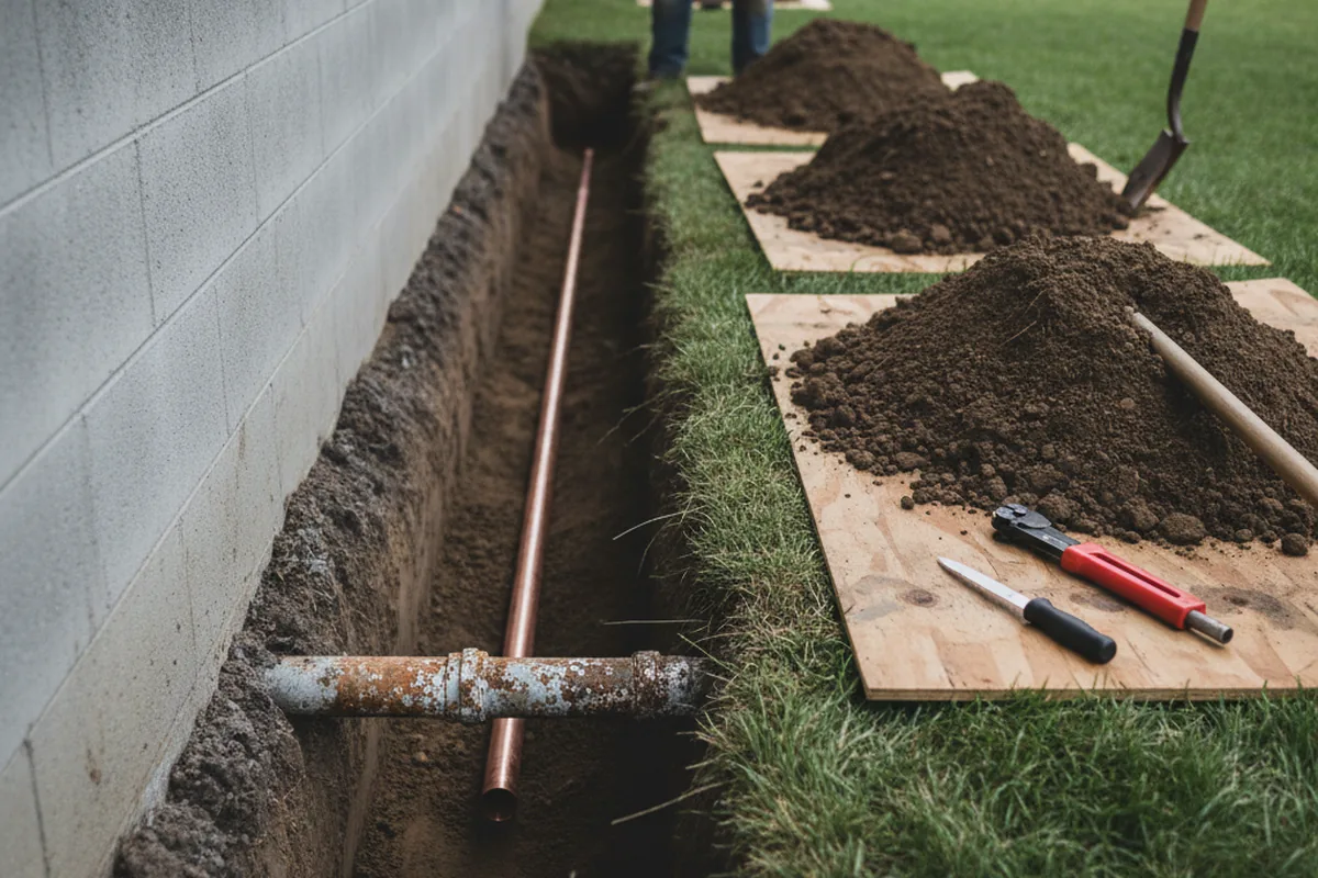 Excavated water line trench during Sewer Line Repair in Sun City
